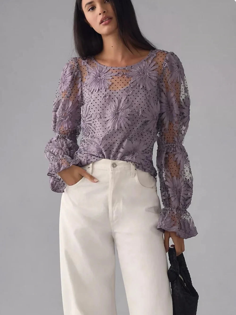 Anthropologie Eva franco lace floral Lavender Sheer Floral Blouse NWT size XL